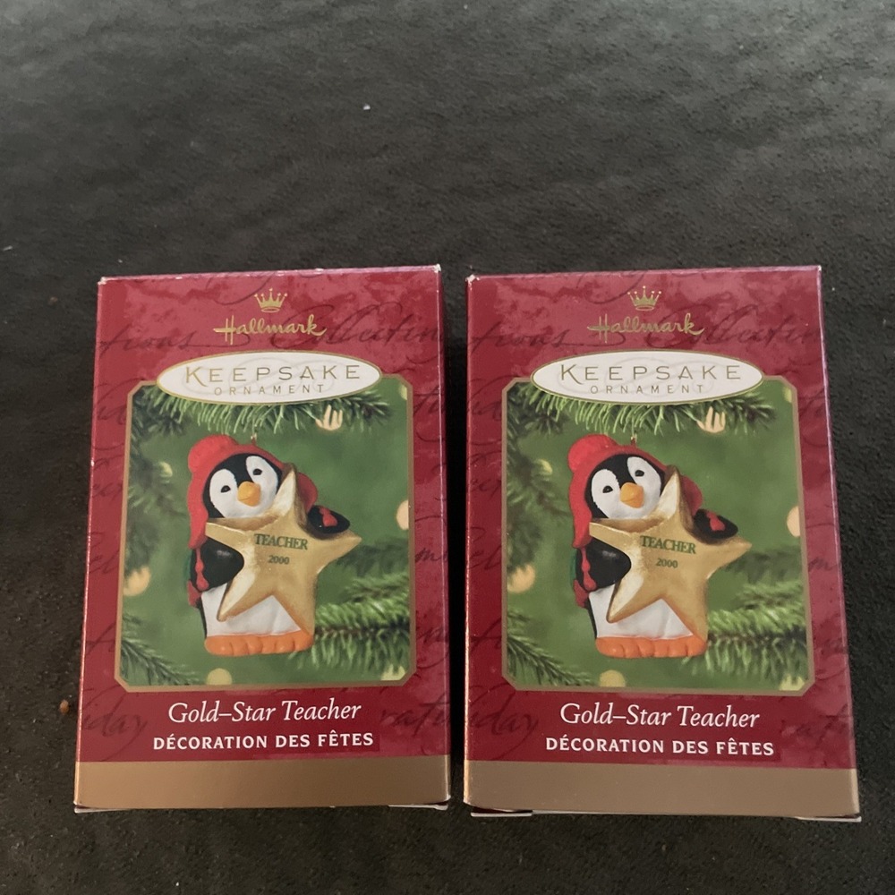 Hallmark Keepsake Lot Of 2  Ornament Gold-Star Teacher 2000 Penguin w/ Star